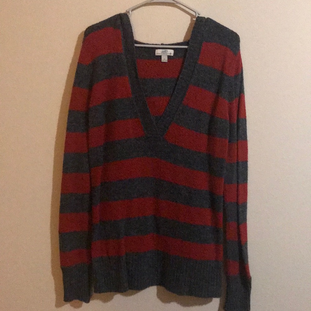 Red and gray hooded sweater